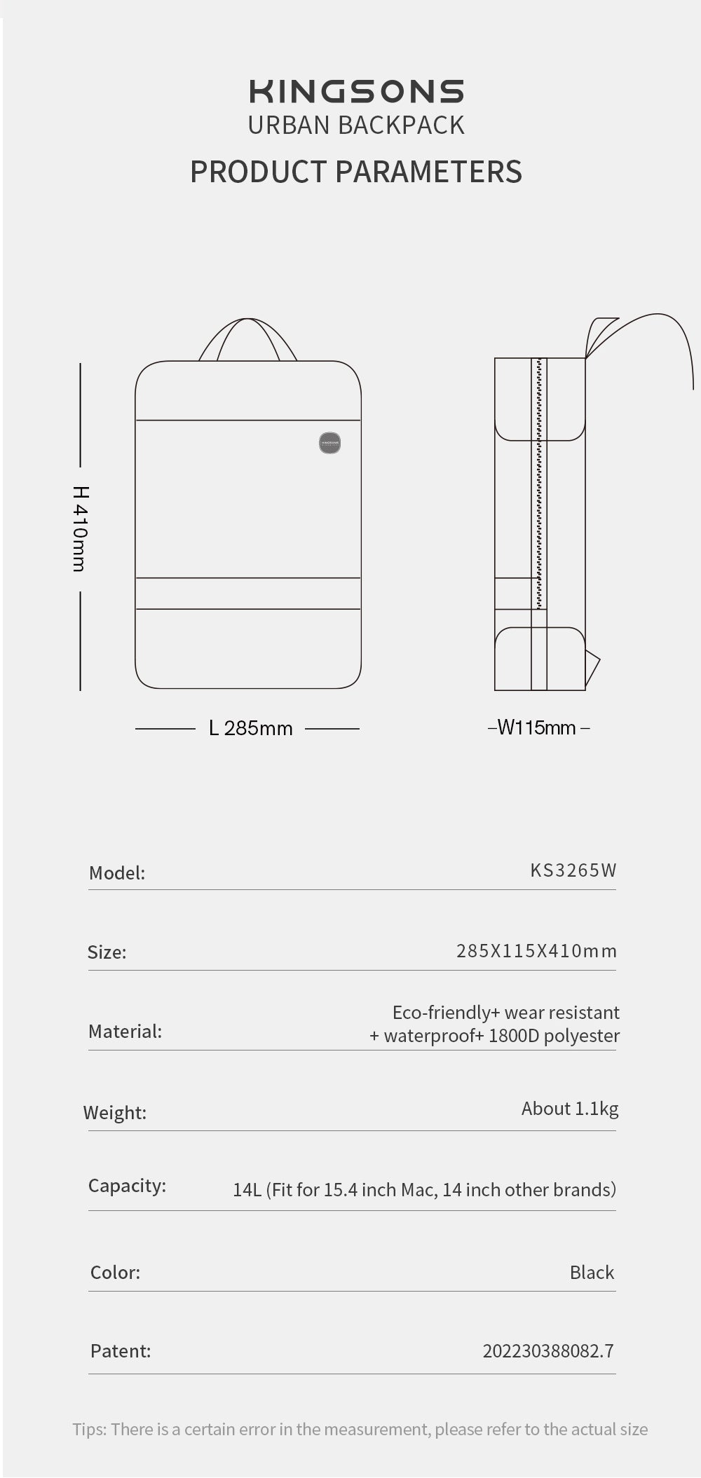 Kingsons Slim Minimalist Backpack (14L)